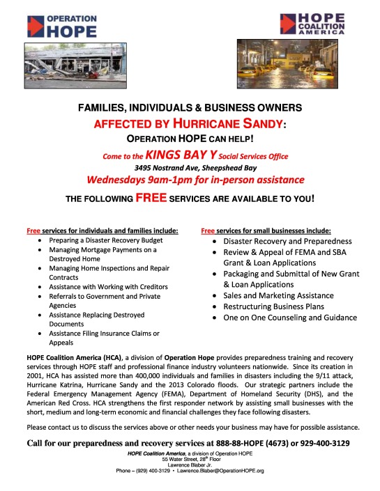 Families, Individuals & Business Owners Affected By Hurricane Sandy Operation Hope Can Help