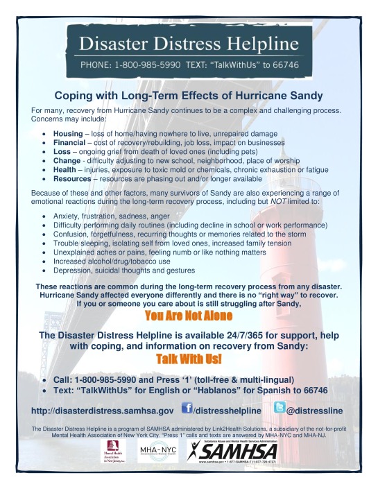  Coping with Long-Term Effects of Hurricane SandyDisaster Distress Helpline 